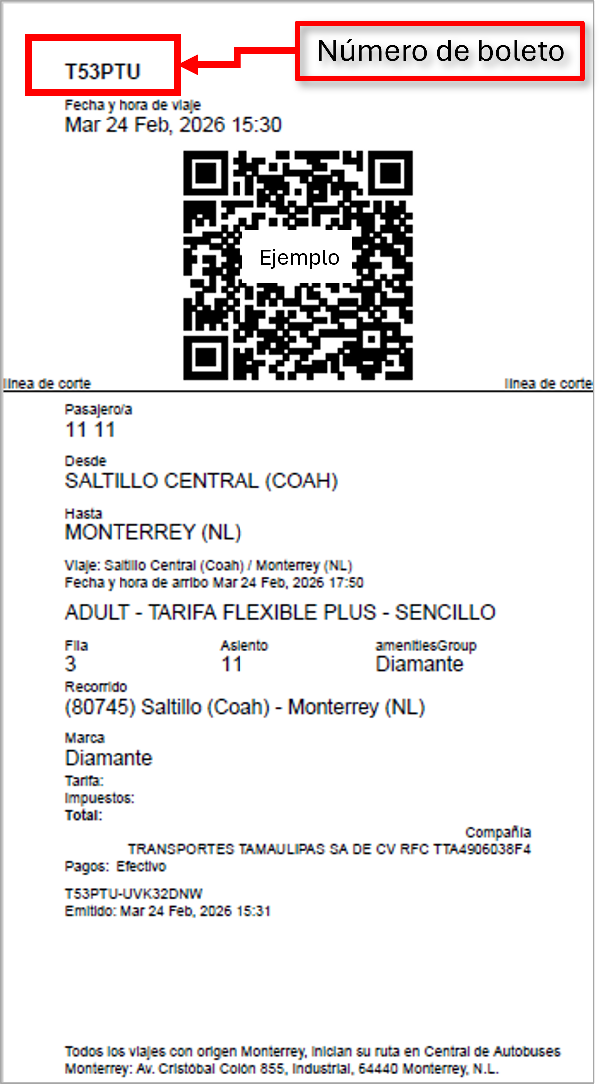 Ejemplo de boleto Senda